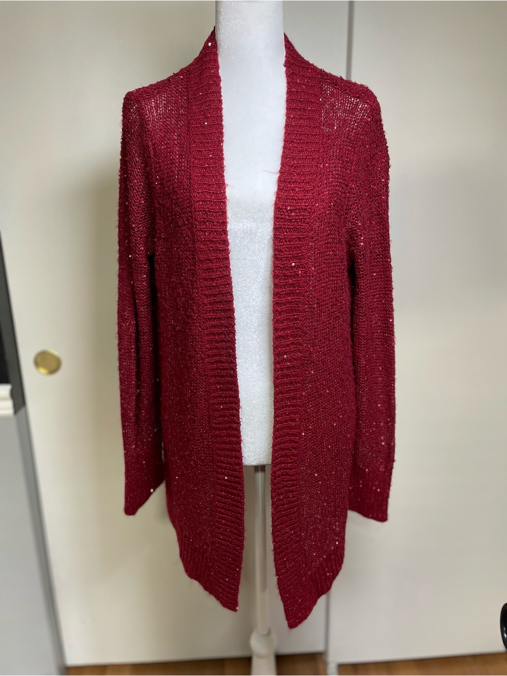Apt. 9 Open-Front Burgundy Sequin Cardigan
